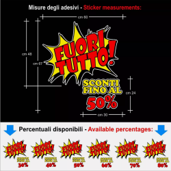 Adesivo FUORI TUTTO cm 50 x 60 Vetrofanie Saldi per vetrine negozi sconti Mod. 3