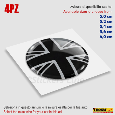 4 Adesivi resinati coprimozzi per mini cooper bandiera inglese monocromatica M2