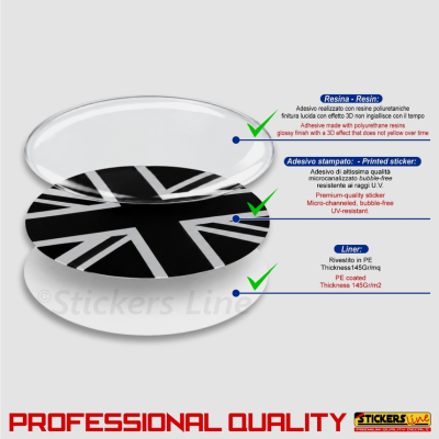 4 Adesivi resinati coprimozzi per mini cooper bandiera inglese monocromatica M2