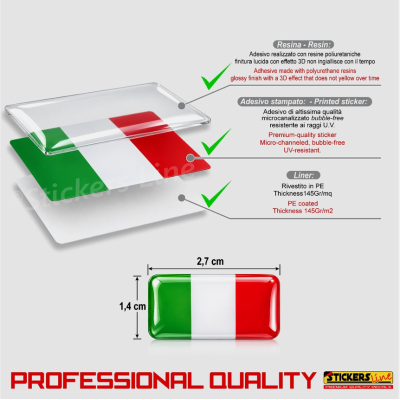 2 Adesivi Resinati Bandiera Italiana 3D cm 2,7 x 1,4 Italia Auto Moto Bici ecc
