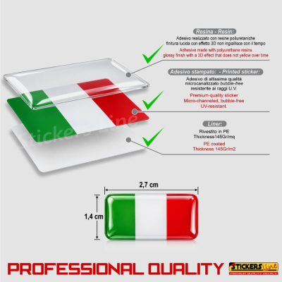 2 Adesivi Resinati Bandiera Italiana 3D cm 2,7 x 1,4 Italia Auto Moto Bici ecc