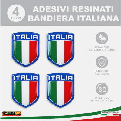 4 Adesivi Resinati Bandiera Italiana Scudetto Italia 3D cm 4,5x3,7 Auto Moto M.1