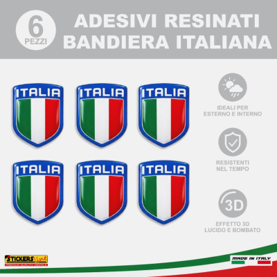 6 Adesivi Resinati Bandiera Italiana Scudetto Italia 3D cm 4,5x3,7 Auto Moto M.1