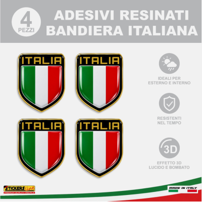 4 Adesivi Resinati Bandiera Italiana Scudetto Italia 3D cm 4,5x3,7 Auto Moto M.2