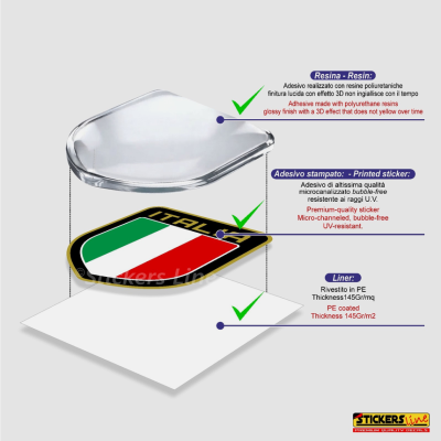 6 Adesivi Resinati Bandiera Italiana Scudetto Italia 3D cm 4,5x3,7 Auto Moto M.2